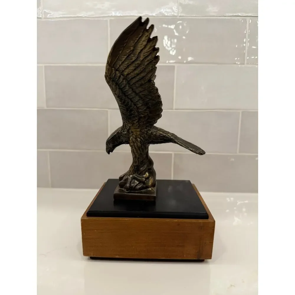 Vintage Antiqued Brass Signed Eagle Sculpture on Base
